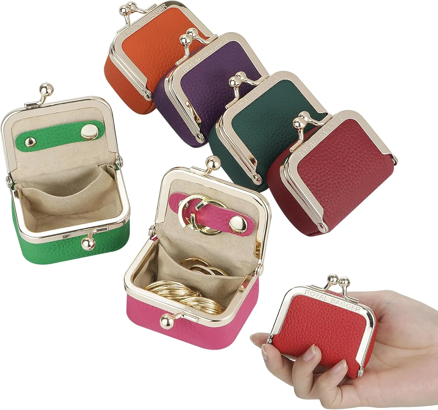 Genuine Leather Mini Jewelry Women's Coin Purse Solid Color Kiss Lock Change Pouch Casual Style Small Storage Bag for Women 1894 (Orange)