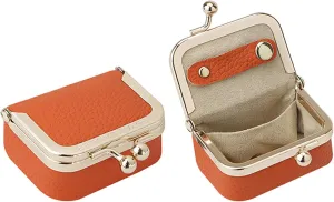 Genuine Leather Mini Jewelry Women's Coin Purse Solid Color Kiss Lock Change Pouch Casual Style Small Storage Bag for Women 1894 (Orange)