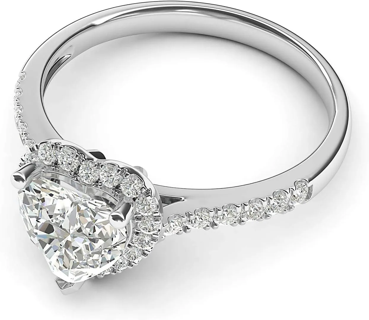 Genuine Moissanite 14k White Gold Heart-shaped Halo Engagement Ring with Side Stones Promise Bridal Ring
