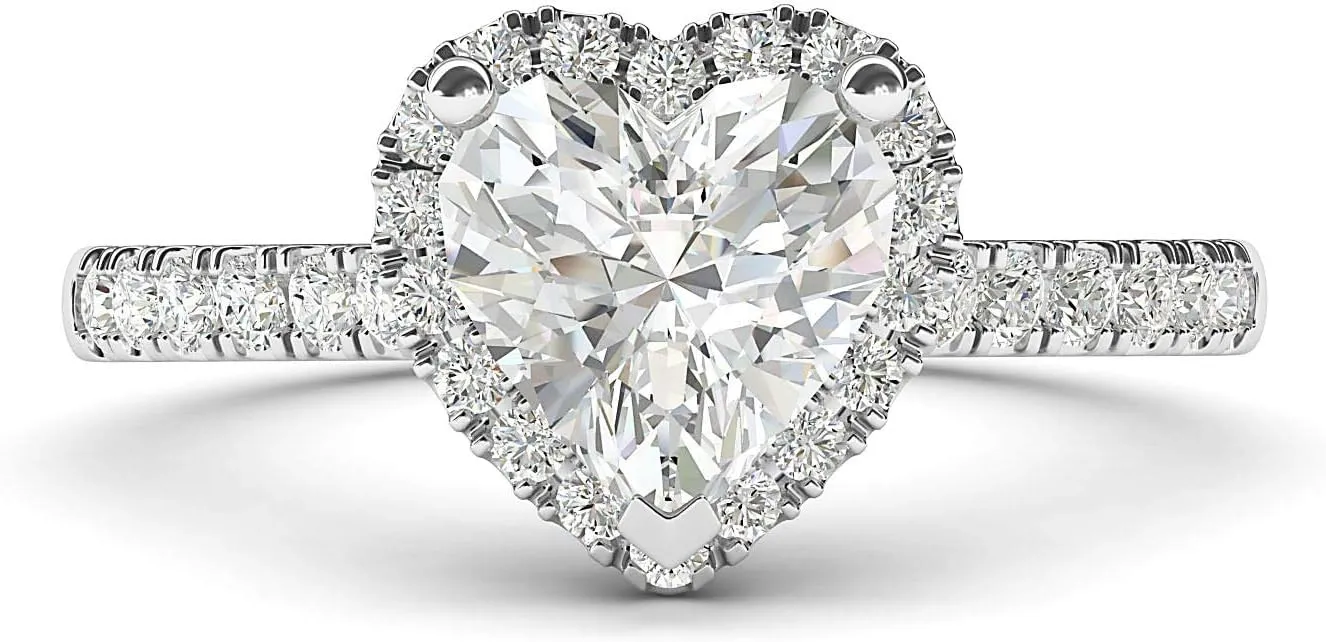 Genuine Moissanite 14k White Gold Heart-shaped Halo Engagement Ring with Side Stones Promise Bridal Ring
