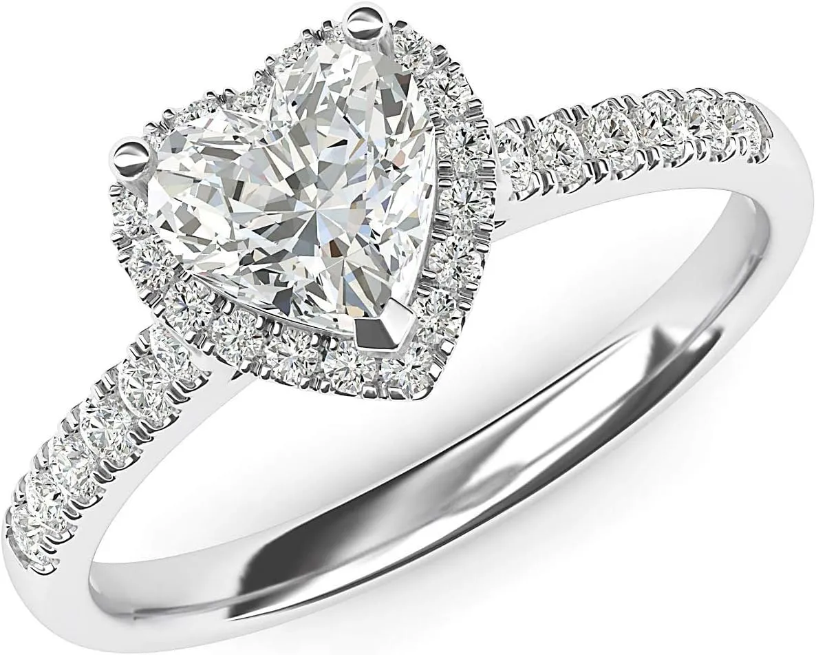 Genuine Moissanite 14k White Gold Heart-shaped Halo Engagement Ring with Side Stones Promise Bridal Ring