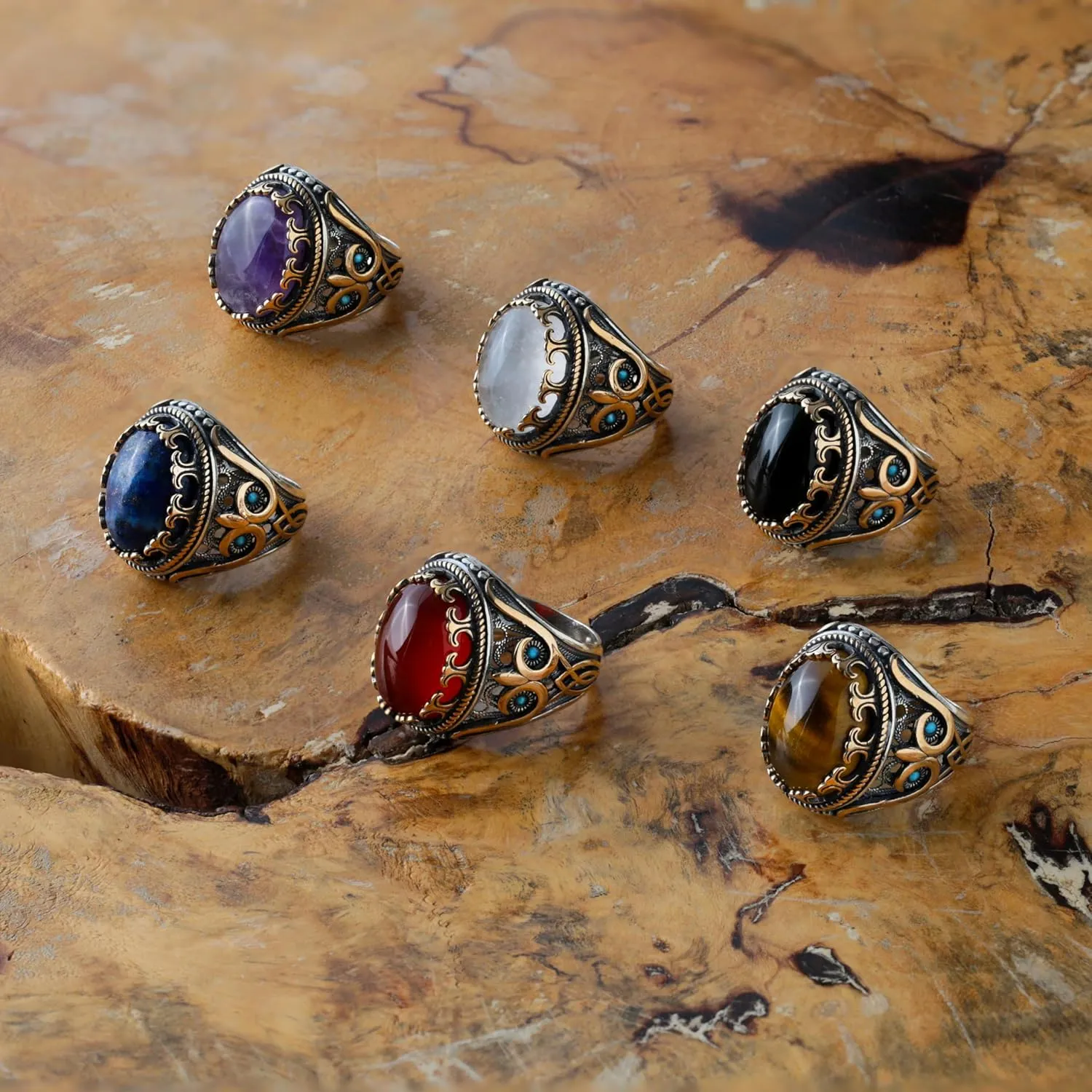 Genuine Solid 925 Sterling Silver Accented with Bronze, Natural or Simulated Gemstone, Authentic Vintage Turkish Ottoman Style Ring for Men