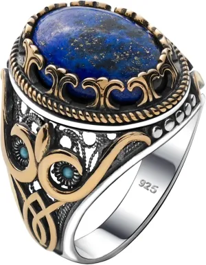 Genuine Solid 925 Sterling Silver Accented with Bronze, Natural or Simulated Gemstone, Authentic Vintage Turkish Ottoman Style Ring for Men