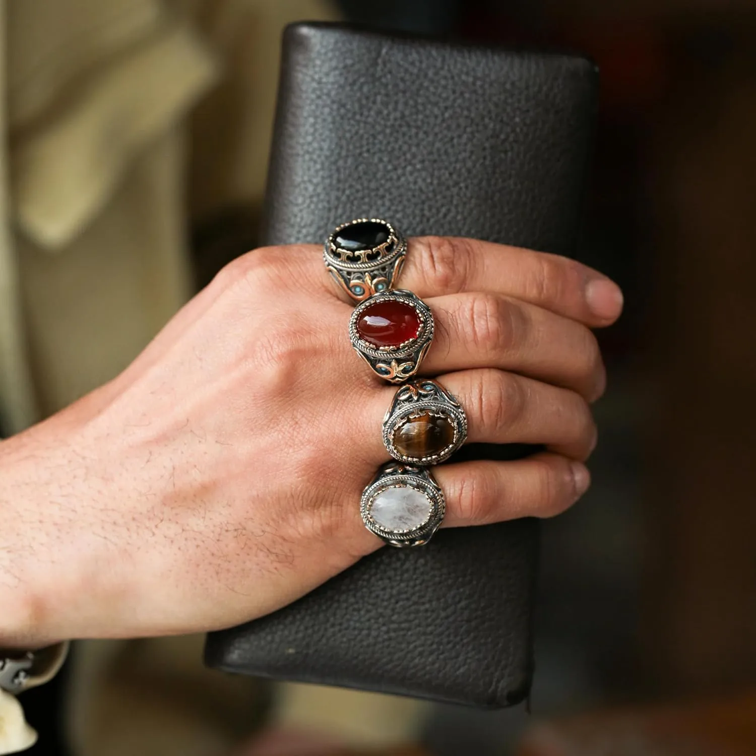Genuine Solid 925 Sterling Silver Accented with Bronze, Natural or Simulated Gemstone, Authentic Vintage Turkish Ottoman Style Ring for Men