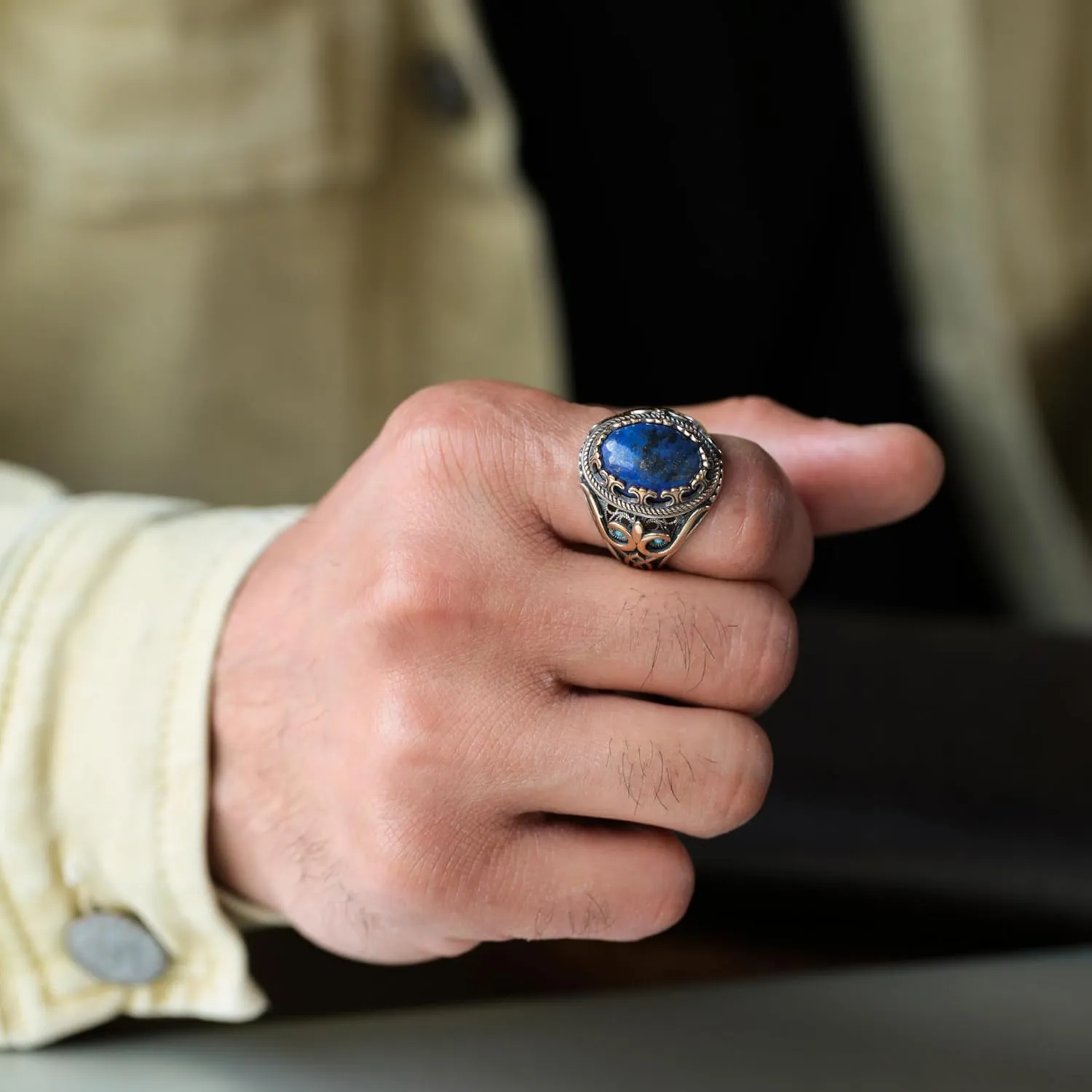 Genuine Solid 925 Sterling Silver Accented with Bronze, Natural or Simulated Gemstone, Authentic Vintage Turkish Ottoman Style Ring for Men