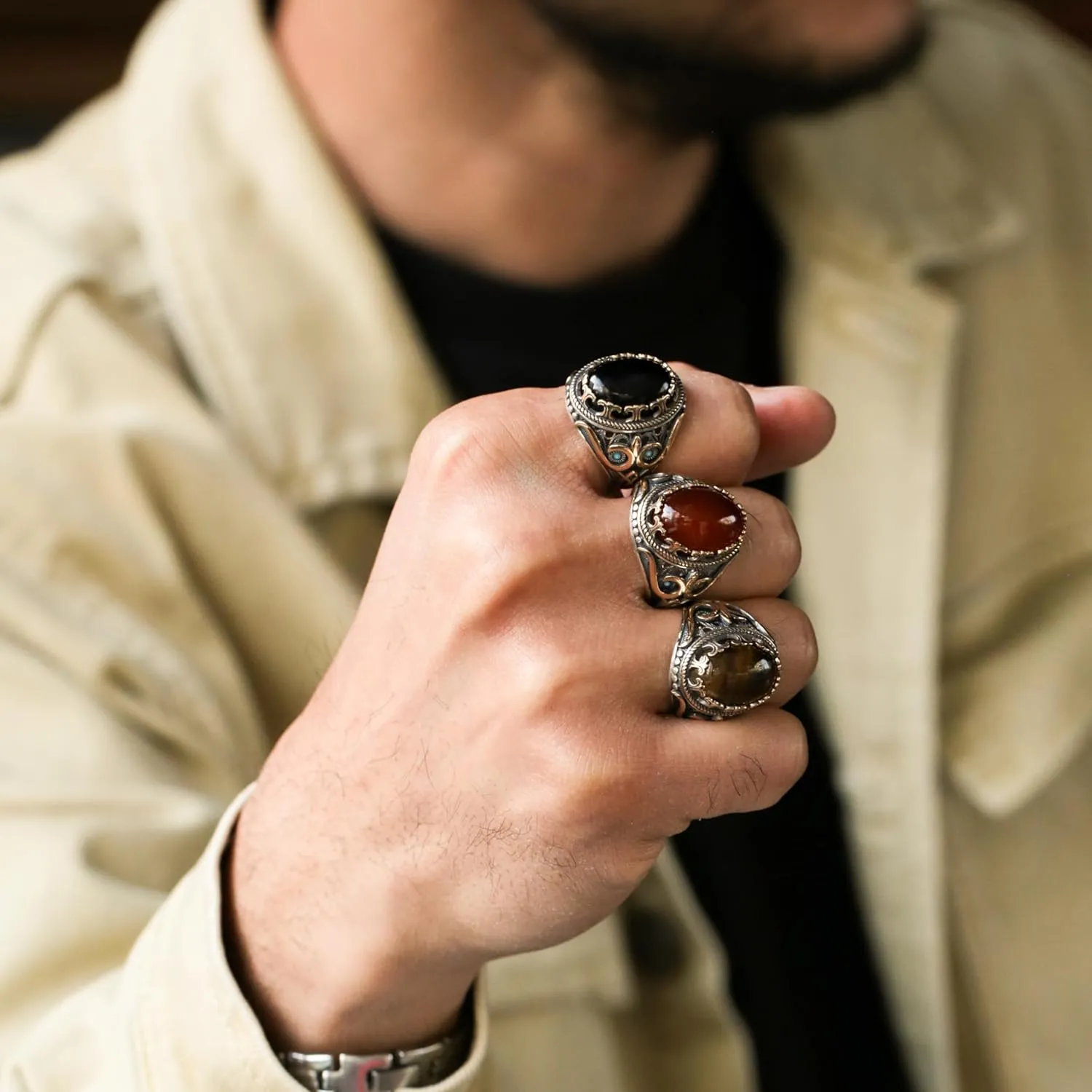 Genuine Solid 925 Sterling Silver Accented with Bronze, Natural or Simulated Gemstone, Authentic Vintage Turkish Ottoman Style Ring for Men