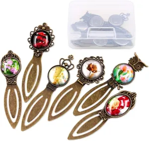 Glarks 12-Pieces Mixed Metal Antique Bronze Bookmark Sets, 6 Styles Round and Oval Alloy Trays and Glass Cabochons for Reading Gift Crafting DIY Book Marker Making
