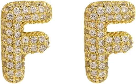 Gold Bubble Initial Letter Stud Earrings for Women Cubic Zirconia Minimalist Alphabet Number Earrings Initial Gifts Jewelry for Women