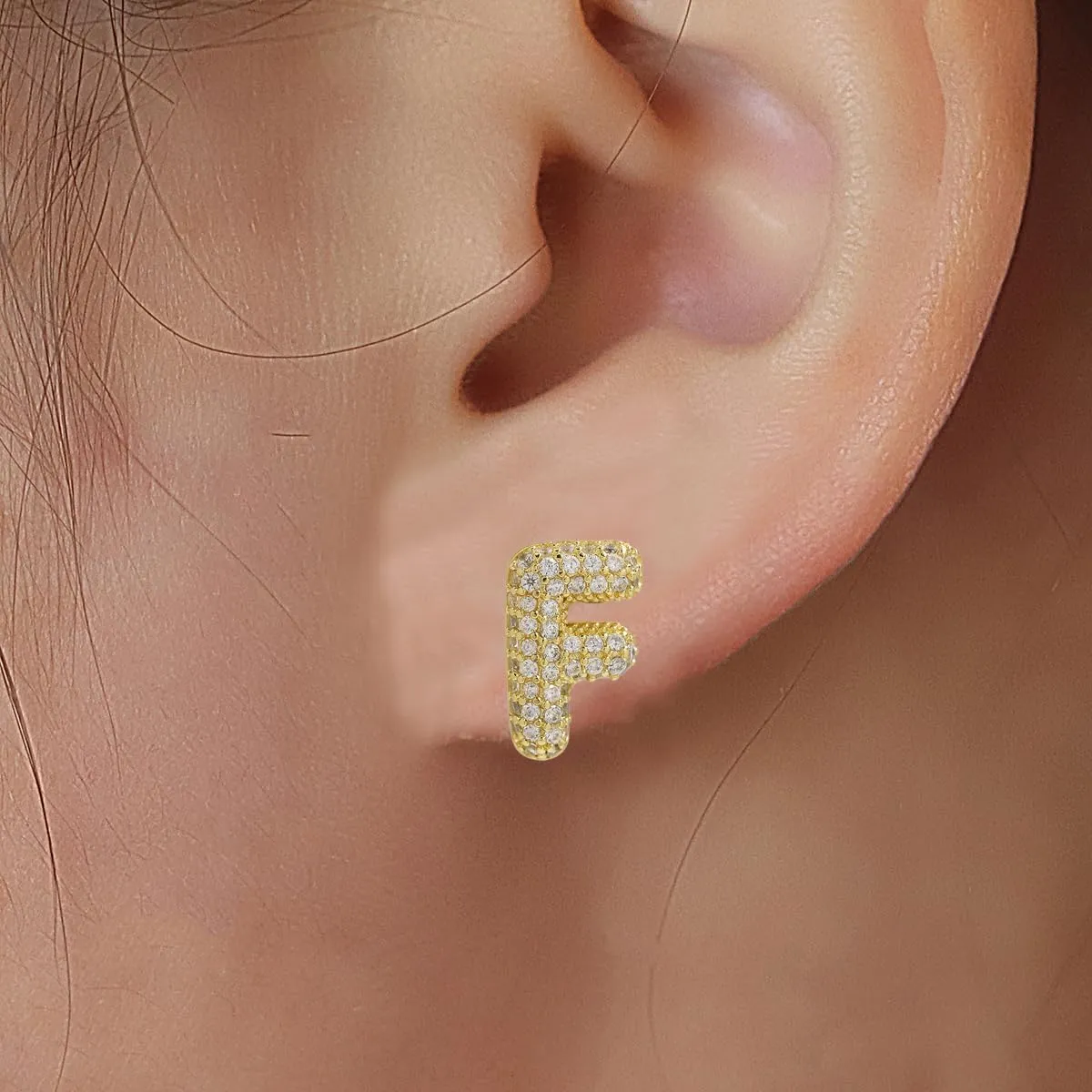 Gold Bubble Initial Letter Stud Earrings for Women Cubic Zirconia Minimalist Alphabet Number Earrings Initial Gifts Jewelry for Women