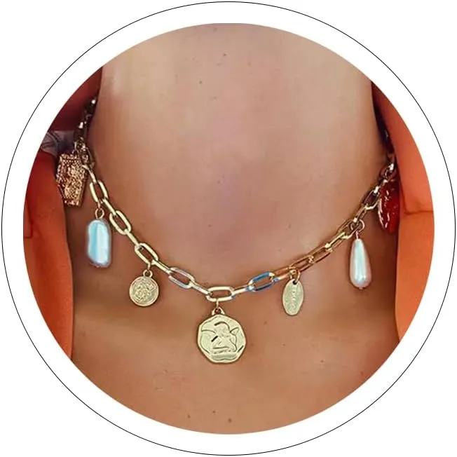 Gold Charm Necklace for Women Shell Charm Necklace Seashell Starfish Charms Necklace Summer Necklace Beach Jewelry Boho Necklace Pearl Charm Choker Gold Paper Clip Necklace