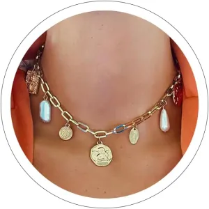 Gold Charm Necklace for Women Shell Charm Necklace Seashell Starfish Charms Necklace Summer Necklace Beach Jewelry Boho Necklace Pearl Charm Choker Gold Paper Clip Necklace