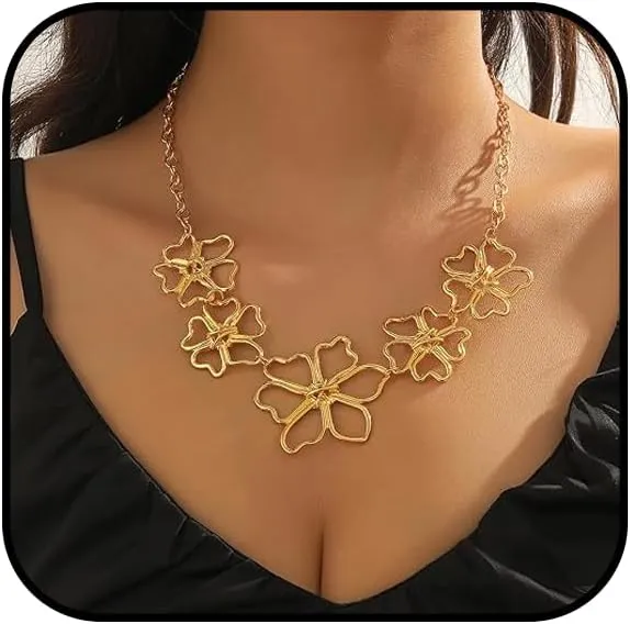 Gold Chunky Flower Necklace for Women Large Flower Necklace Chunky Floral Necklace Adjustable Chunky Blossom Necklace Fashion Statement Jewelry
