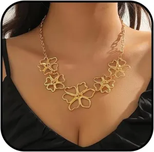 Gold Chunky Flower Necklace for Women Large Flower Necklace Chunky Floral Necklace Adjustable Chunky Blossom Necklace Fashion Statement Jewelry