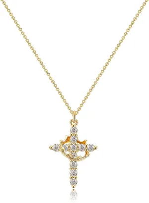 Gold Cross Necklace for Women - Elegant Gold Plated Crown Cross Pendant with Diamond, Great for Faith Jewelry and First Communion