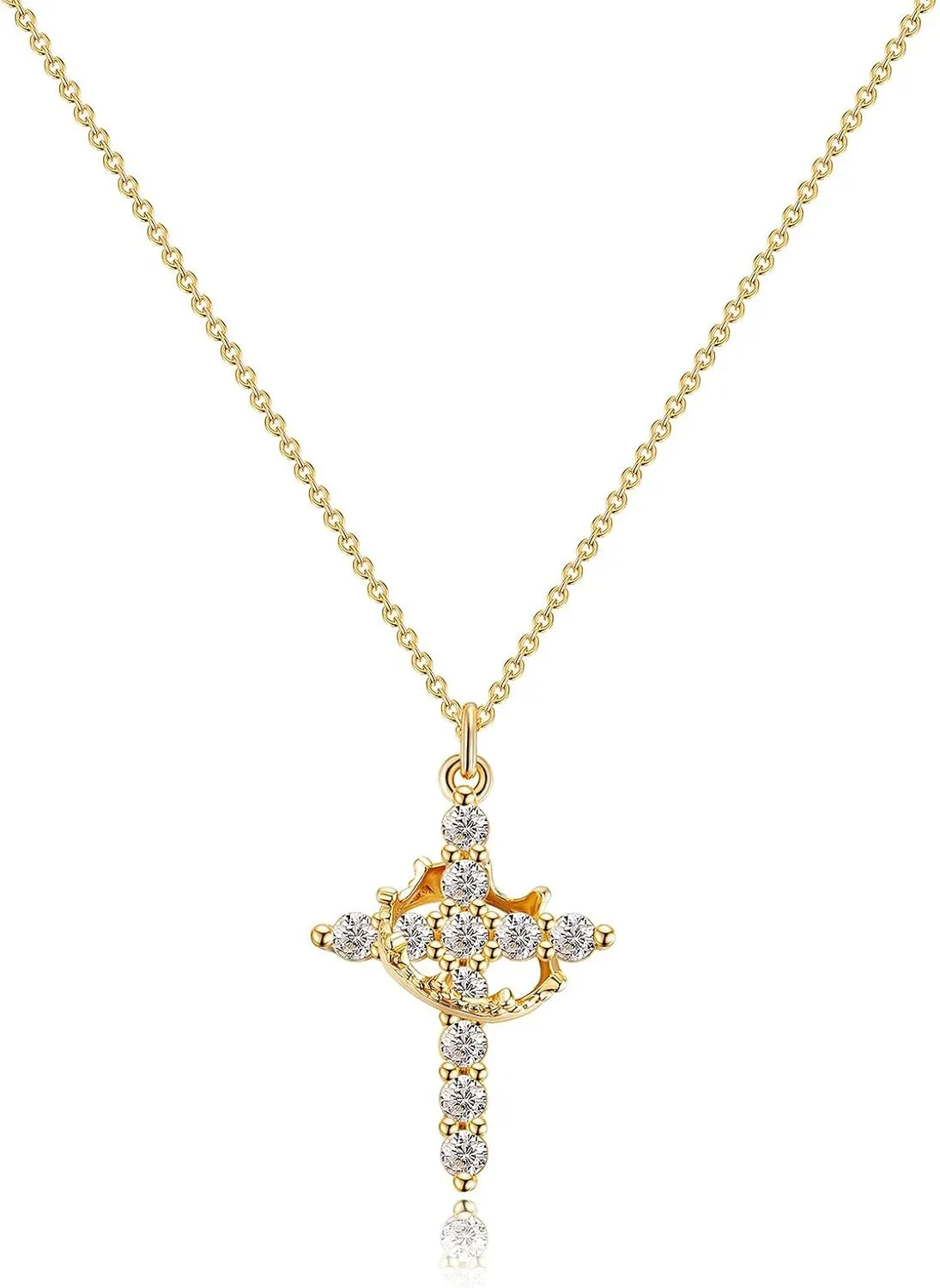 Gold Cross Necklace for Women - Elegant Gold Plated Crown Cross Pendant with Diamond, Great for Faith Jewelry and First Communion