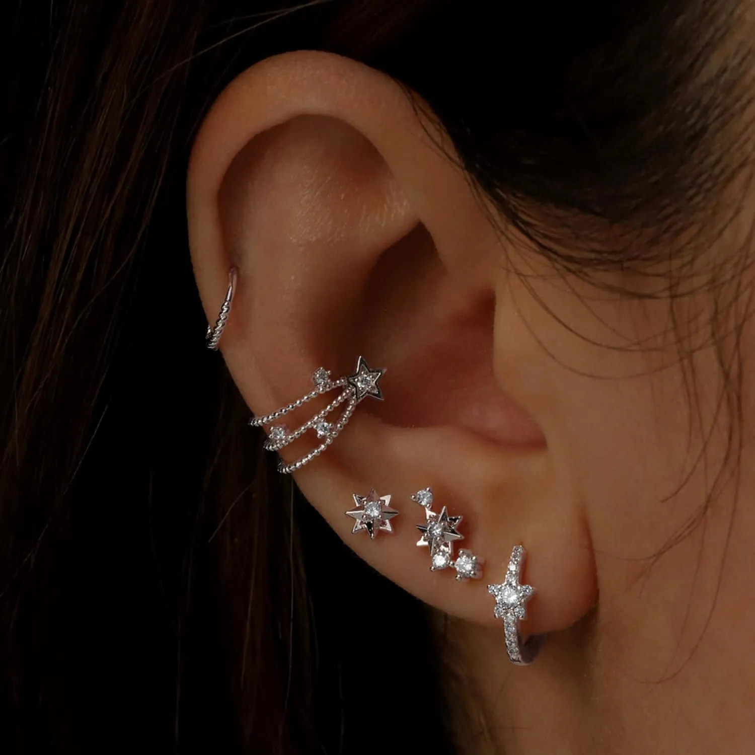 Gold Diamond Star Ear Cuff  Triple Tiered Celestial Cuff Earring, Ear Wrap Jewelry
