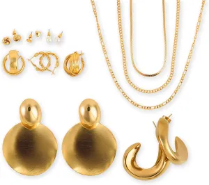 Gold Earing Set with Necklace or Bracelet - Matching Golden Designer Jewelry for Women - Hypoallergenic Stainless Steel Non Tarnish Gold Jewelry Collection - Trendy Women's Jewelry Gift Set -