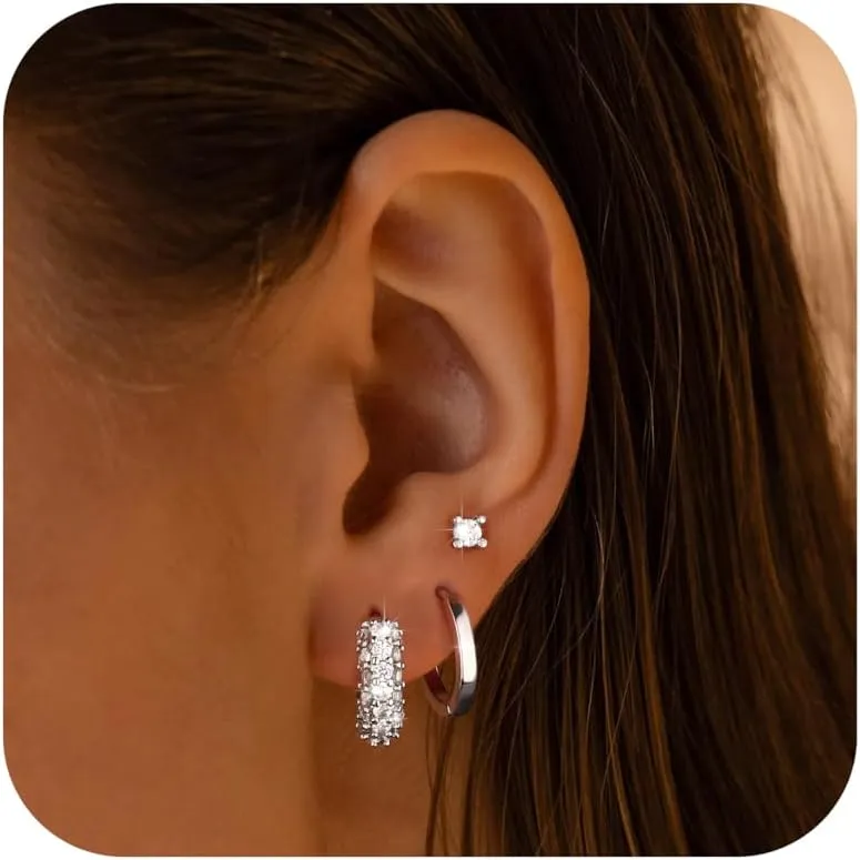 Gold Hoop Earrings Set for Women 3 Pairs Huggie Hoop Jacket Stud Earring Set for Multiple Piercing Cartilage Earring Stack for Sensitive Ears