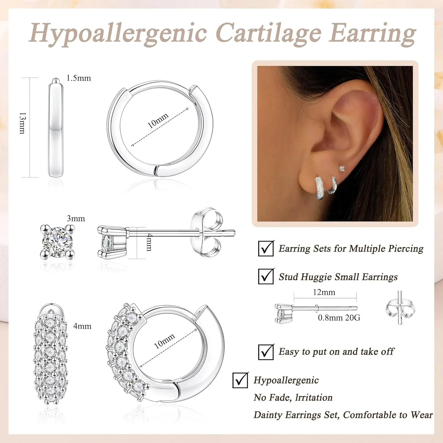 Gold Hoop Earrings Set for Women 3 Pairs Huggie Hoop Jacket Stud Earring Set for Multiple Piercing Cartilage Earring Stack for Sensitive Ears