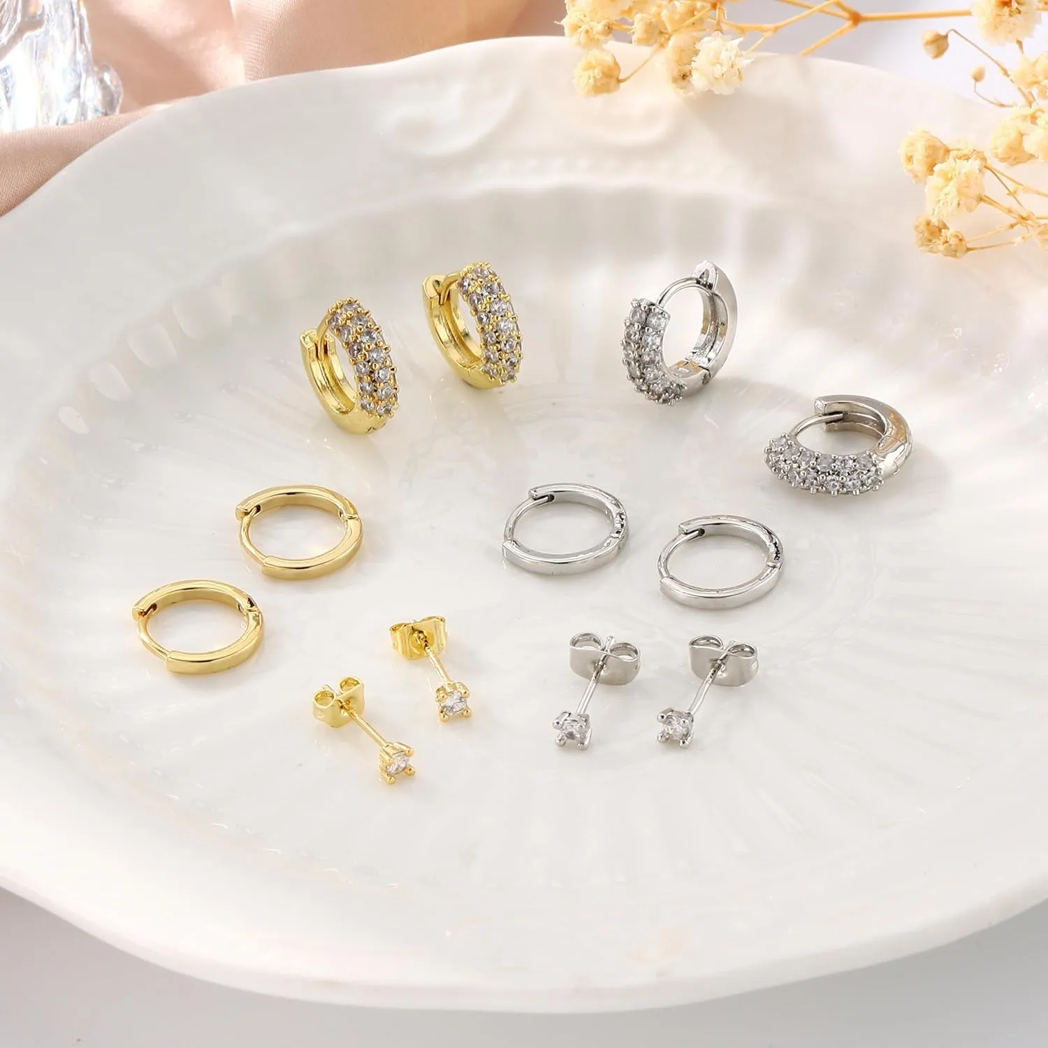 Gold Hoop Earrings Set for Women 3 Pairs Huggie Hoop Jacket Stud Earring Set for Multiple Piercing Cartilage Earring Stack for Sensitive Ears