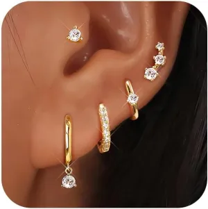 Gold Hoop Earrings Set for Women, Small 14K Gold Plated Huggie Earrings for Multiple Piercing, Dainty Earrings Set