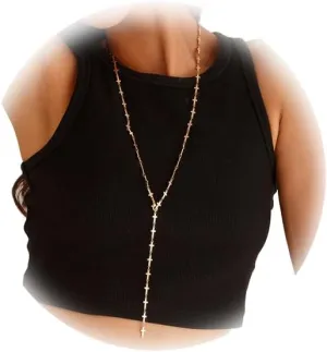 Gold Metal Y Shape Necklace,Silver Cross Chest Body Chain Simple Long Tassel Clavicle Necklace for Women