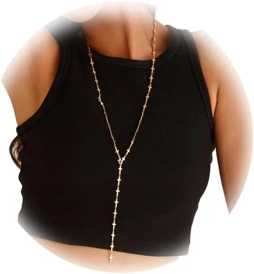 Gold Metal Y Shape Necklace,Silver Cross Chest Body Chain Simple Long Tassel Clavicle Necklace for Women