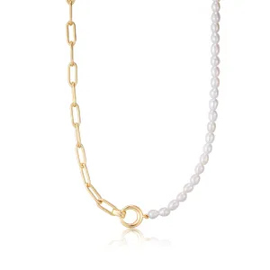 Gold Pearl Half and Half Chain Necklace