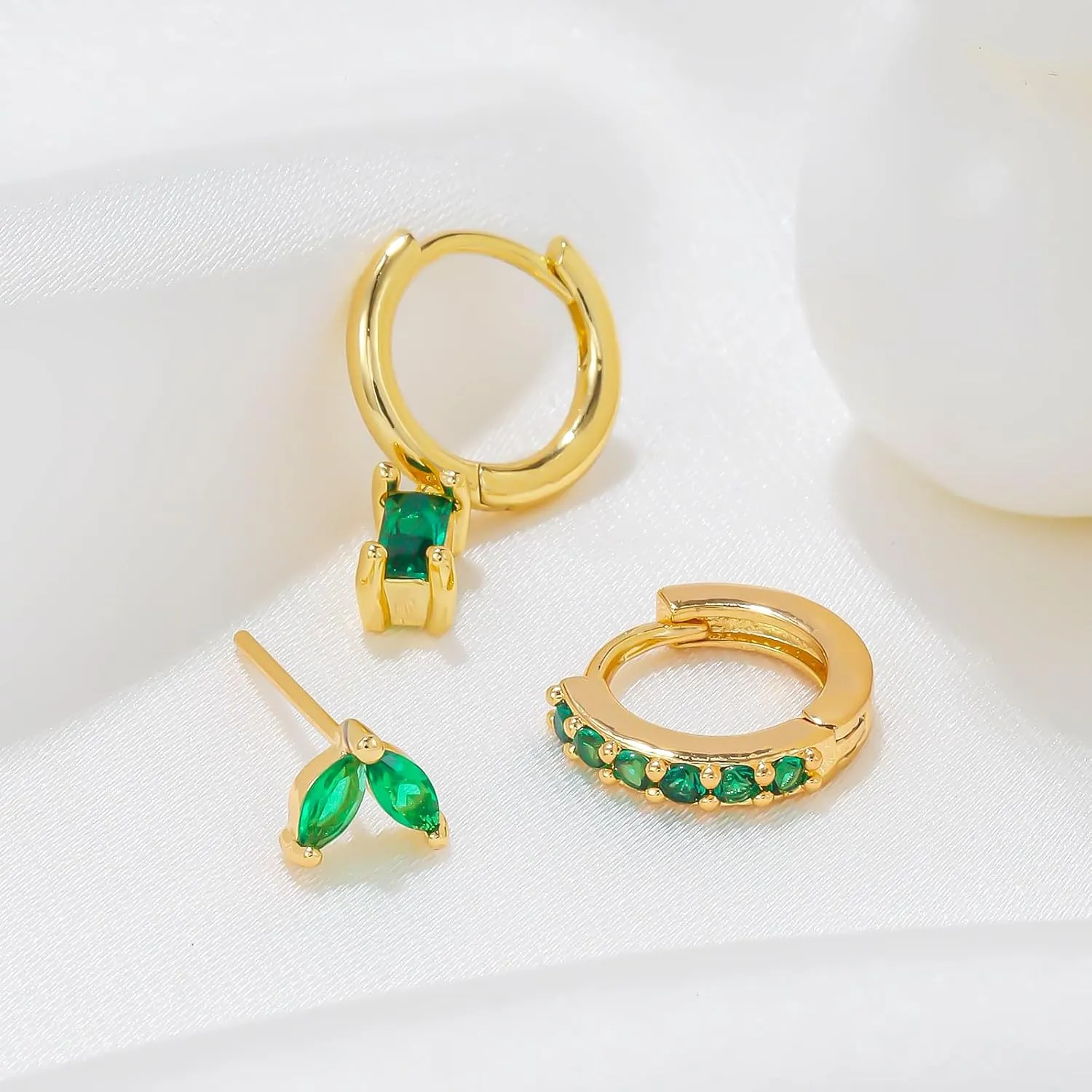 Gold Plated Earrings Dainty Earring Sets for Multiple Piercing Mini Huggie Dangle Hoop with CZ Green Lizard Asymmetrical Cartilage Studs for Women