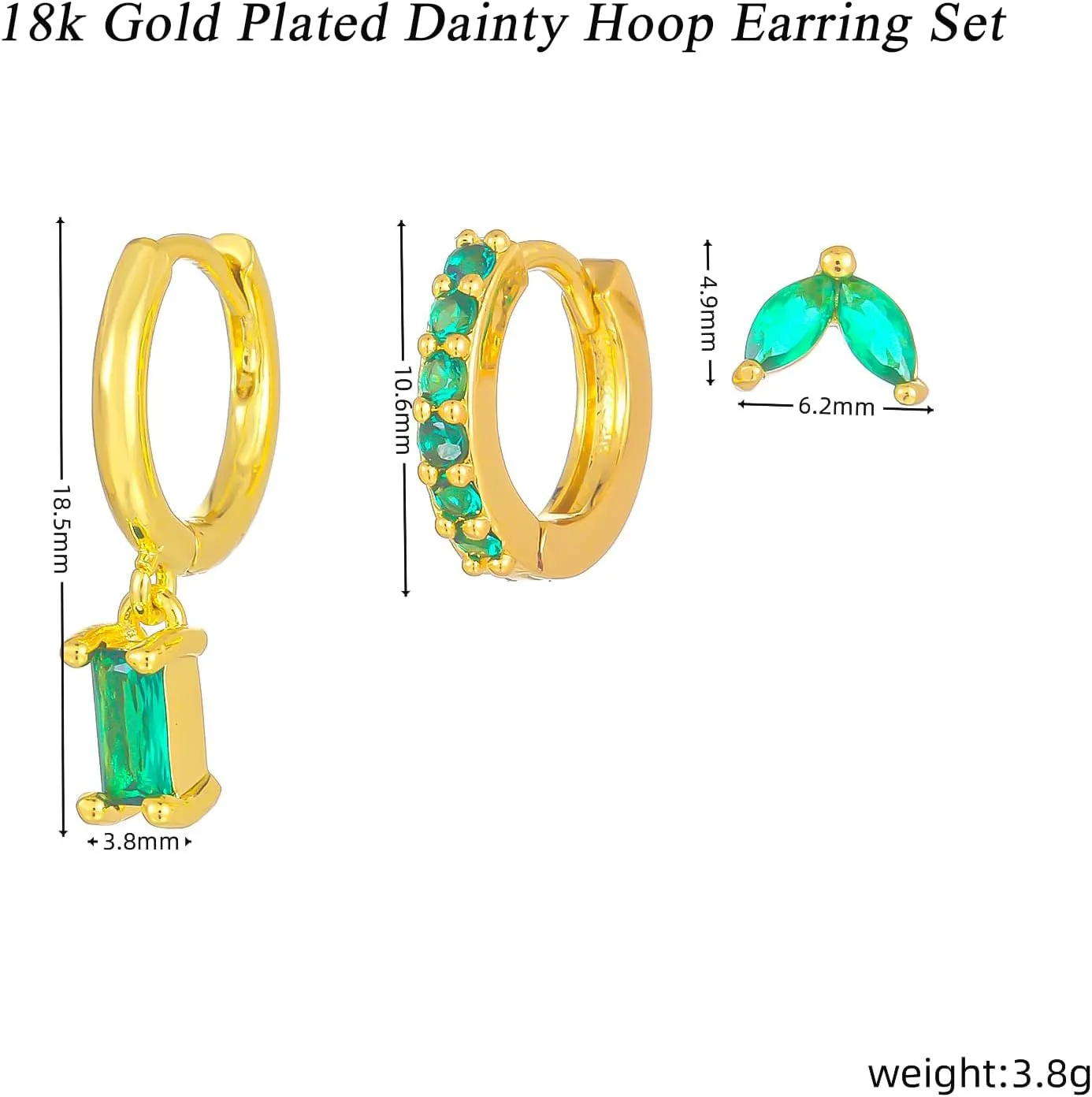 Gold Plated Earrings Dainty Earring Sets for Multiple Piercing Mini Huggie Dangle Hoop with CZ Green Lizard Asymmetrical Cartilage Studs for Women