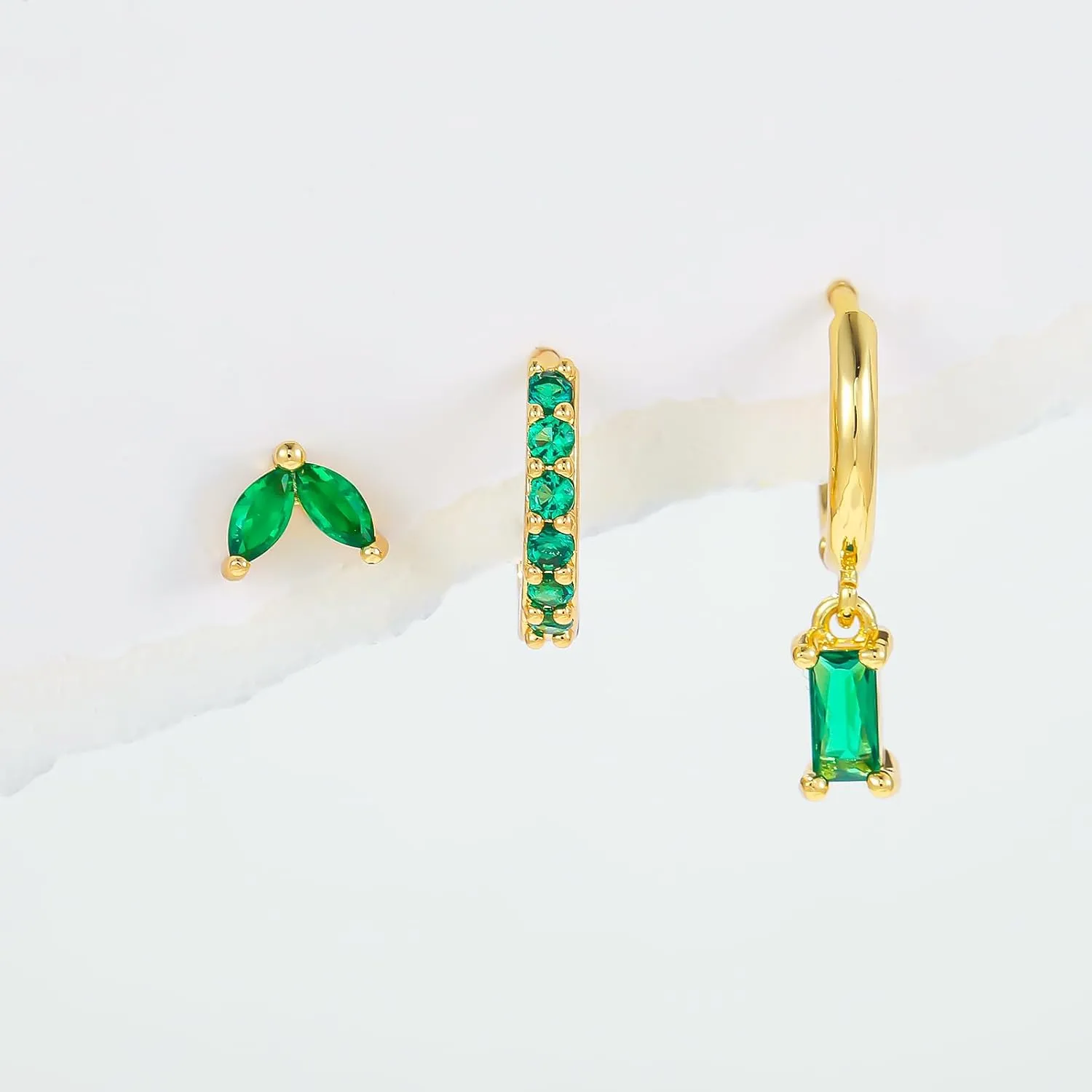 Gold Plated Earrings Dainty Earring Sets for Multiple Piercing Mini Huggie Dangle Hoop with CZ Green Lizard Asymmetrical Cartilage Studs for Women