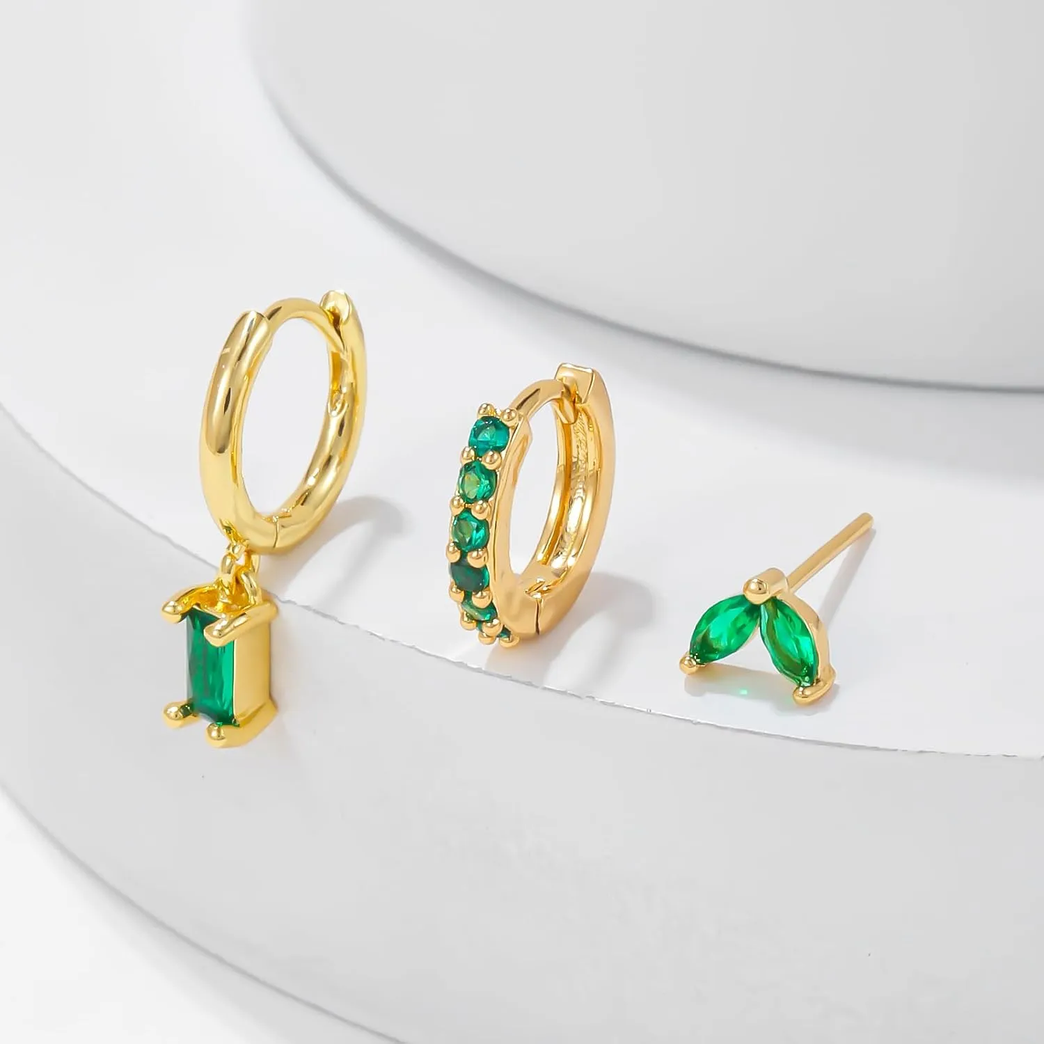 Gold Plated Earrings Dainty Earring Sets for Multiple Piercing Mini Huggie Dangle Hoop with CZ Green Lizard Asymmetrical Cartilage Studs for Women