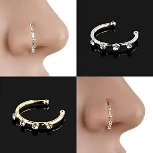 Gold Silver Plating Elegant Four CZ Clear Crystal Nose Ring Stud Hoop-Sparkly Crystal Nose Ring Cartilage Hoop (Gold)