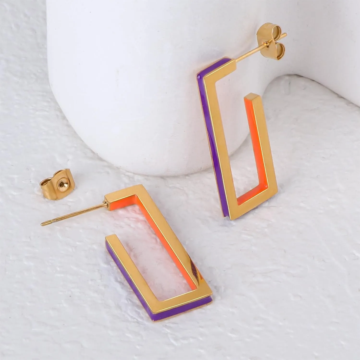 Gold Square Hoop Earrings for Women Trendy C Shaped Round Hoop Earrings 18K Gold Plated Stainless Steel Enamel Earrings Jewelry Gift