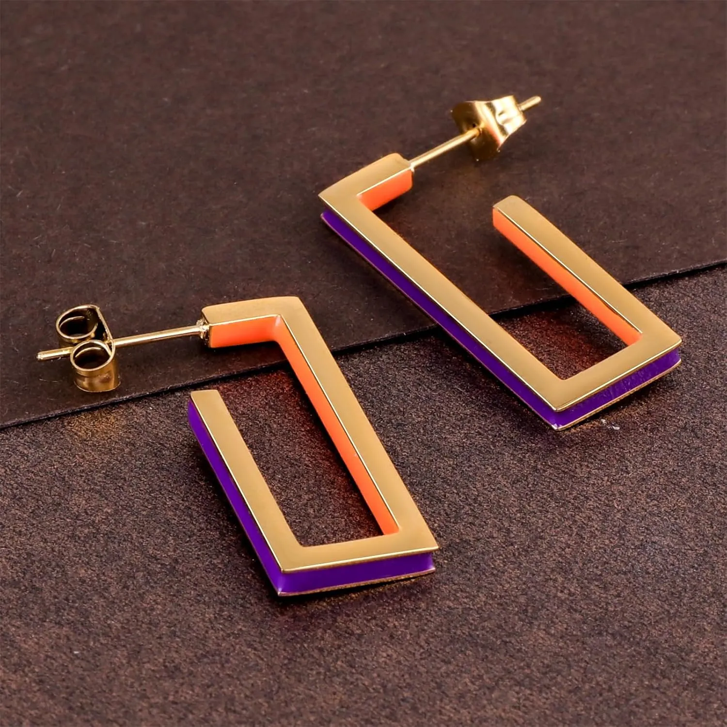 Gold Square Hoop Earrings for Women Trendy C Shaped Round Hoop Earrings 18K Gold Plated Stainless Steel Enamel Earrings Jewelry Gift