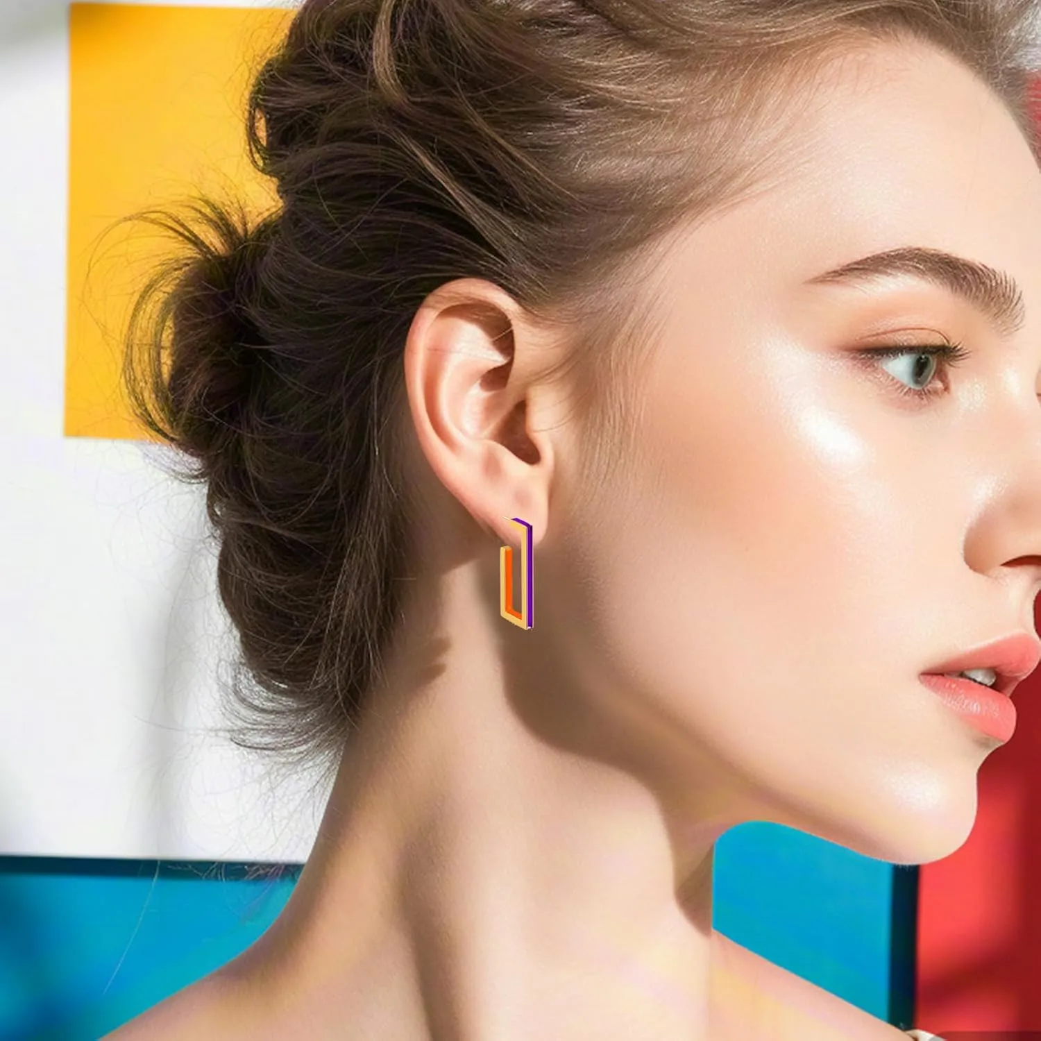 Gold Square Hoop Earrings for Women Trendy C Shaped Round Hoop Earrings 18K Gold Plated Stainless Steel Enamel Earrings Jewelry Gift