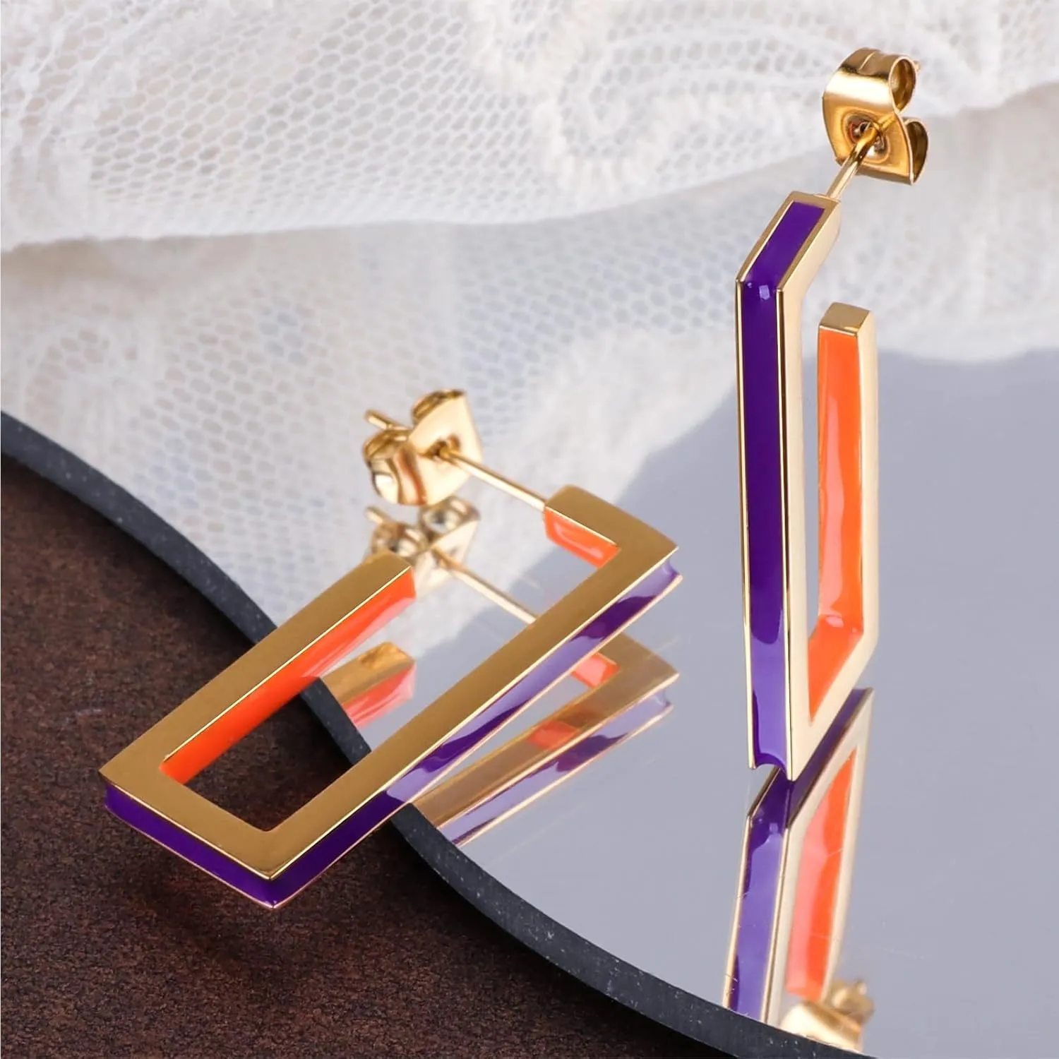 Gold Square Hoop Earrings for Women Trendy C Shaped Round Hoop Earrings 18K Gold Plated Stainless Steel Enamel Earrings Jewelry Gift