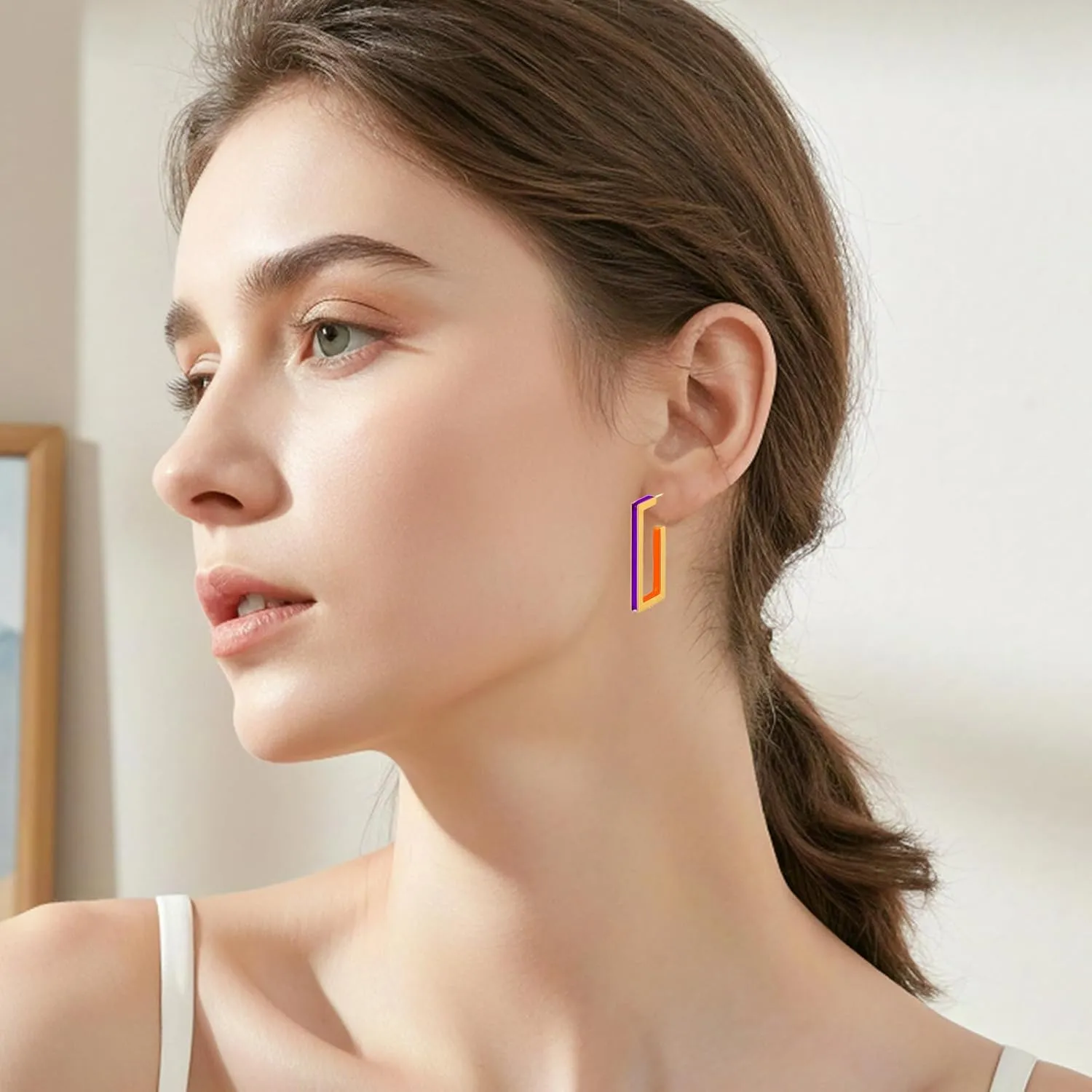 Gold Square Hoop Earrings for Women Trendy C Shaped Round Hoop Earrings 18K Gold Plated Stainless Steel Enamel Earrings Jewelry Gift