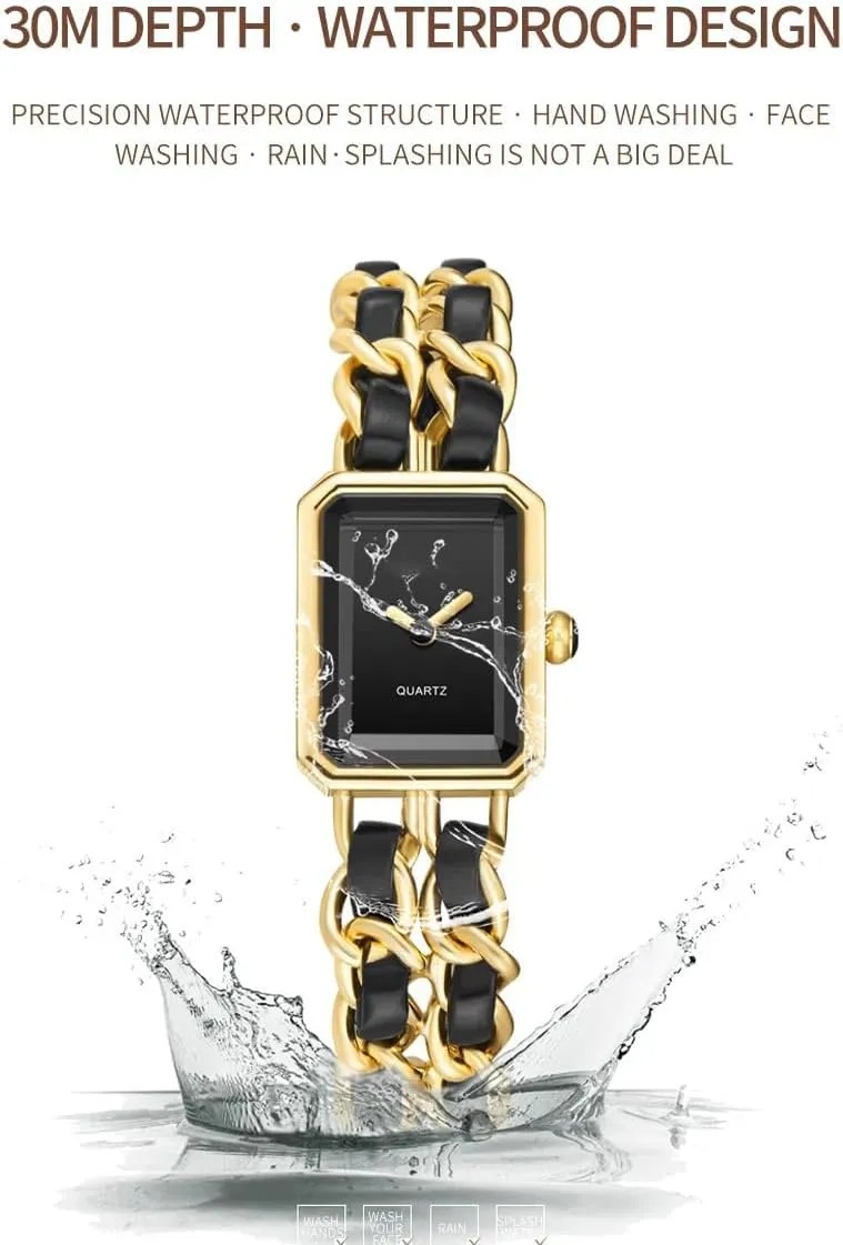 Gosasa Women's Elegant Dress Watch Chain Braid Band Fashion Square Bracelet Watches for Women Retro Minimalist Analog Quartz Waterproof Ladies Watch