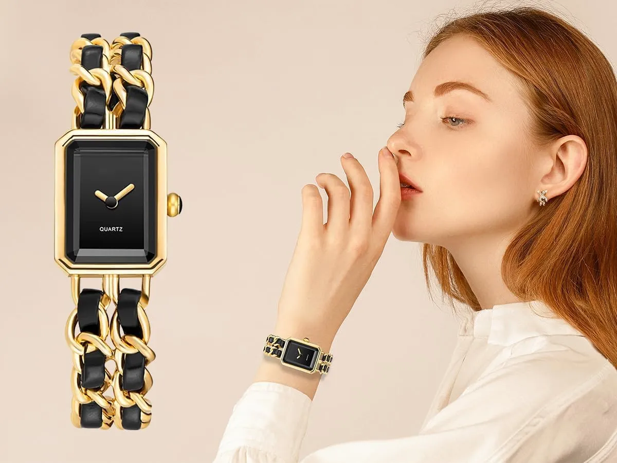 Gosasa Women's Elegant Dress Watch Chain Braid Band Fashion Square Bracelet Watches for Women Retro Minimalist Analog Quartz Waterproof Ladies Watch