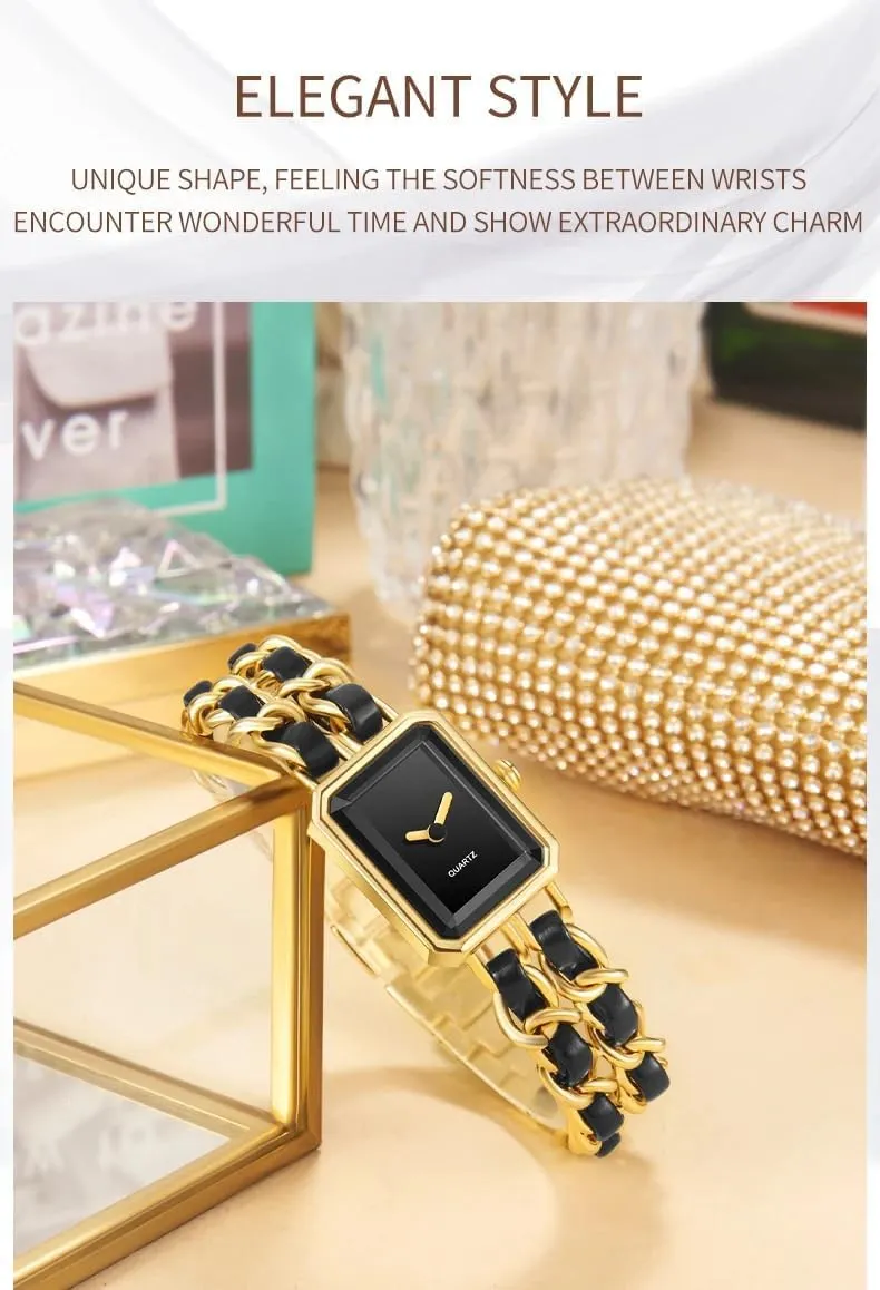 Gosasa Women's Elegant Dress Watch Chain Braid Band Fashion Square Bracelet Watches for Women Retro Minimalist Analog Quartz Waterproof Ladies Watch
