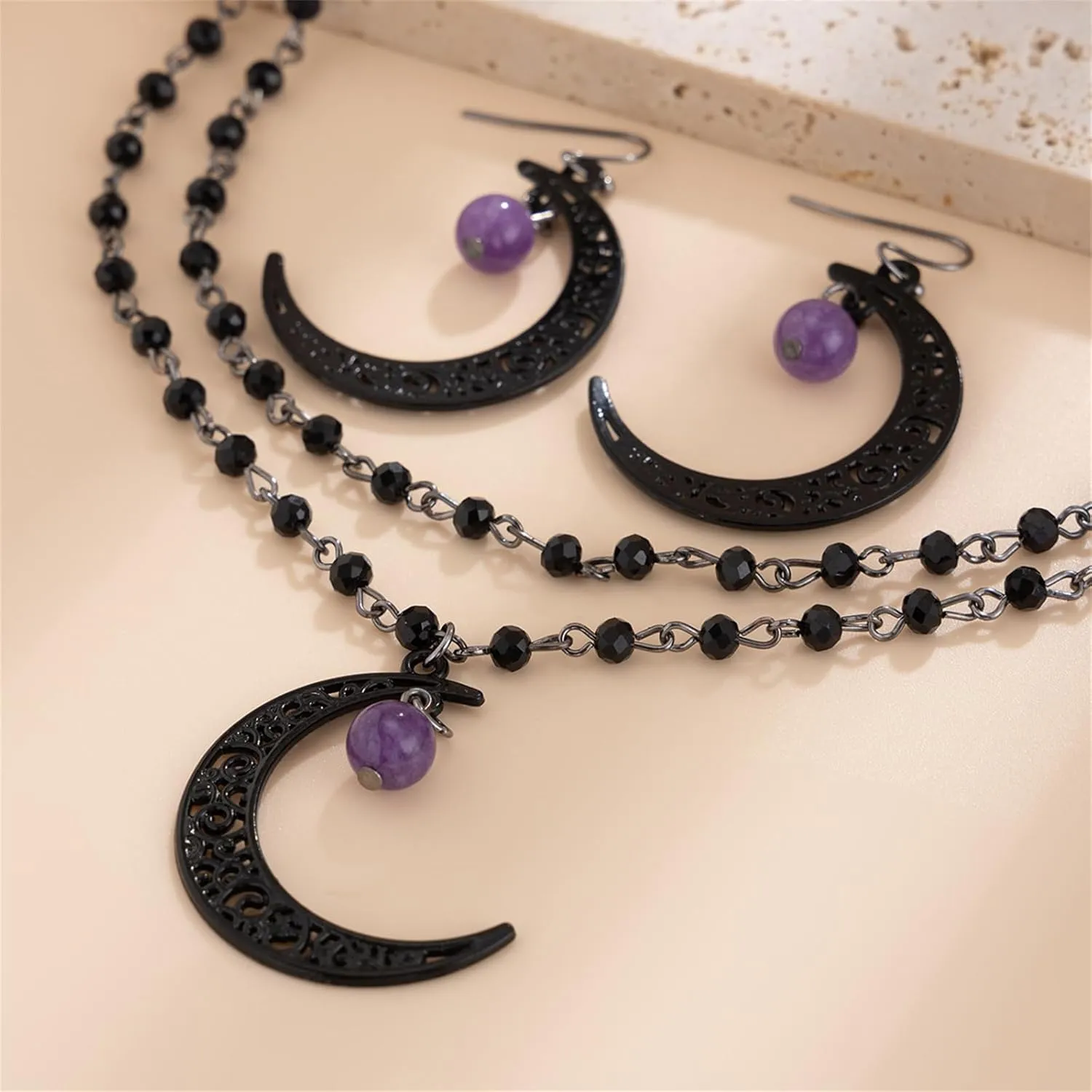 Gothic Blood Drops Necklaces Earrings for Women,Vintage Black Red Crystal Moon Teardrop Necklaces Earrings Set Punk Style Vampire Jewelry Set Goth Mystery Costume Accessories Halloween Prom