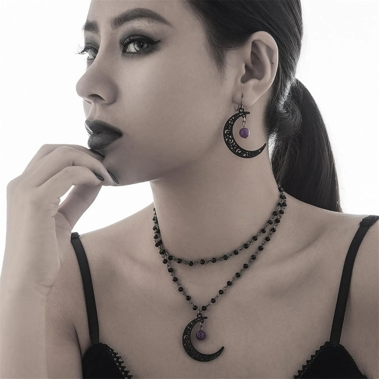 Gothic Blood Drops Necklaces Earrings for Women,Vintage Black Red Crystal Moon Teardrop Necklaces Earrings Set Punk Style Vampire Jewelry Set Goth Mystery Costume Accessories Halloween Prom