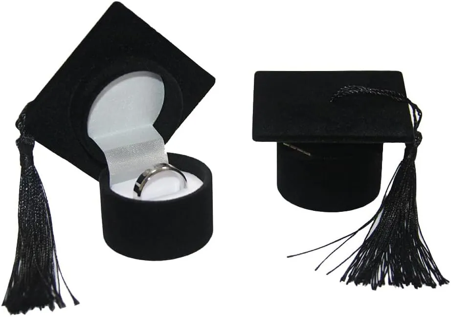 Graduation Cap Ring Box Doctoral Cap Shaped Ring Jewelry Storage Box Organizers For Proposal Engagement Wedding Anniversary Valentines (Black)