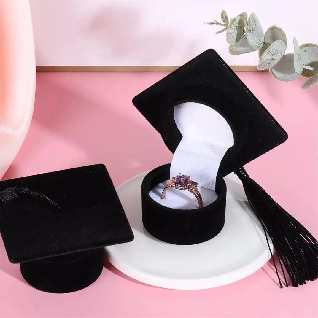 Graduation Cap Ring Box Doctoral Cap Shaped Ring Jewelry Storage Box Organizers For Proposal Engagement Wedding Anniversary Valentines (Black)