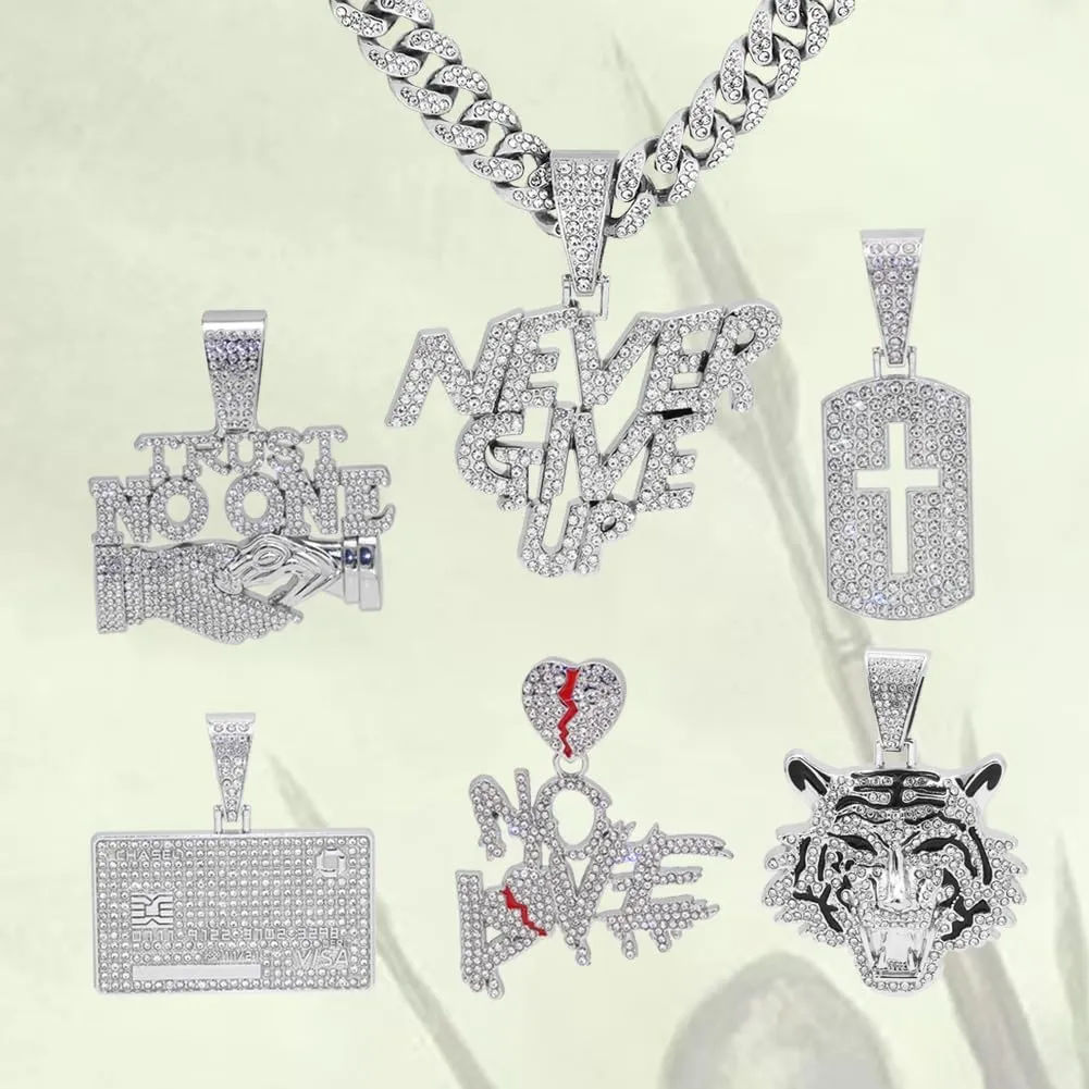 GuoShuang Silver Cuban Link Chain for Men with Pendant,miami Ice Out Diamond Cuban Link Tiger Cross Never Give UP Cridit Card VISA Necklace Hip Hop Jewelry men necklace