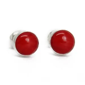 Handmade 6mm Red Coral Stud Earrings for Women and Girls, Round Bezel 925 Sterling Silver (No Gemstone)