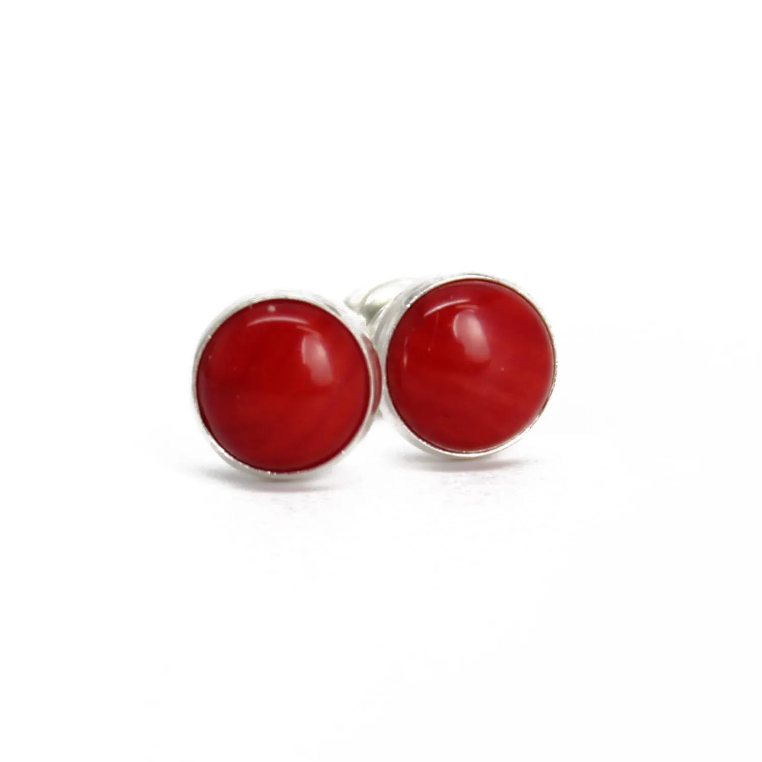 Handmade 6mm Red Coral Stud Earrings for Women and Girls, Round Bezel 925 Sterling Silver (No Gemstone)