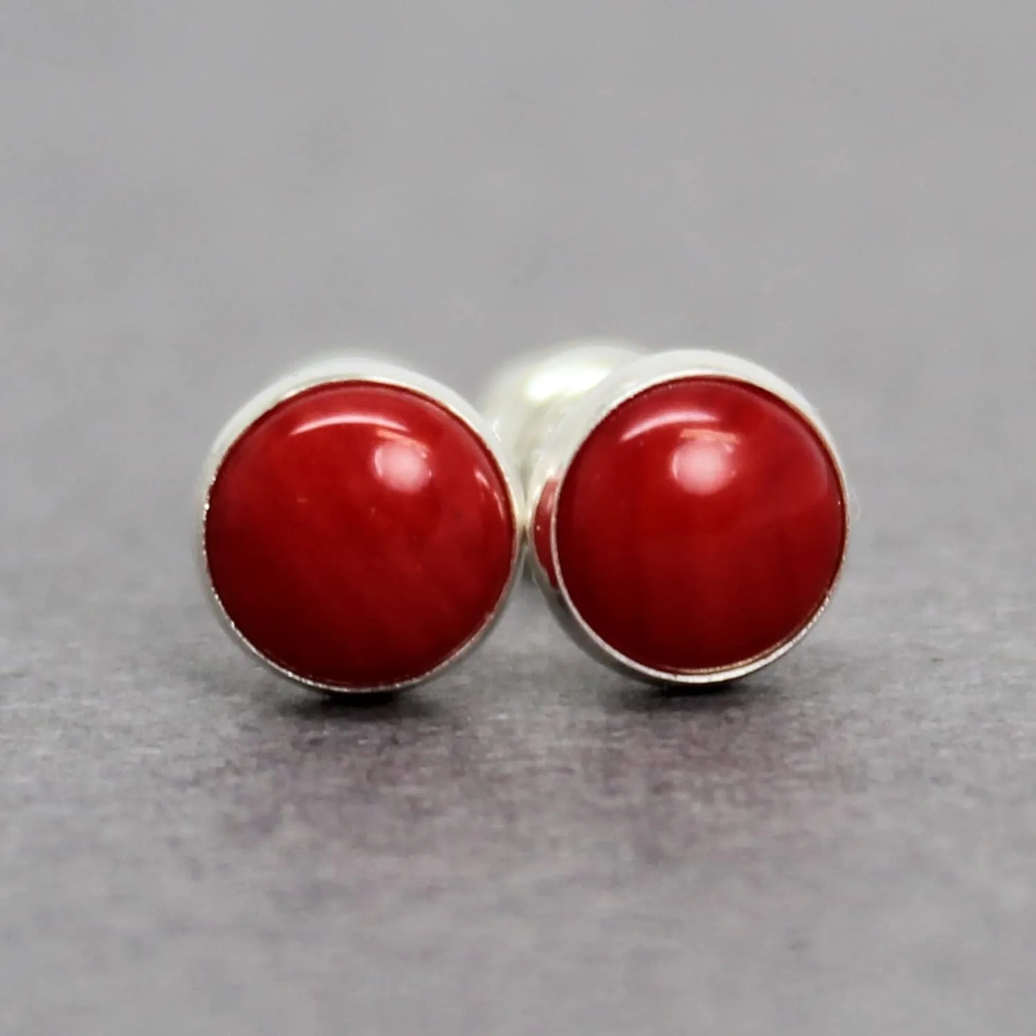 Handmade 6mm Red Coral Stud Earrings for Women and Girls, Round Bezel 925 Sterling Silver (No Gemstone)