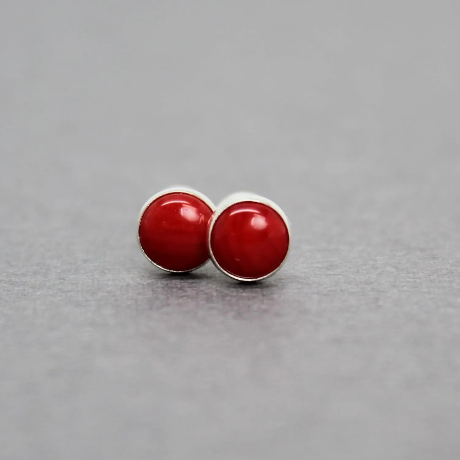 Handmade 6mm Red Coral Stud Earrings for Women and Girls, Round Bezel 925 Sterling Silver (No Gemstone)